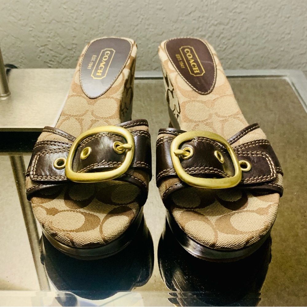 Coach Tan & Brown Signature Canvas Wedge Mules with Gold Buckle - Picture 3 of 7